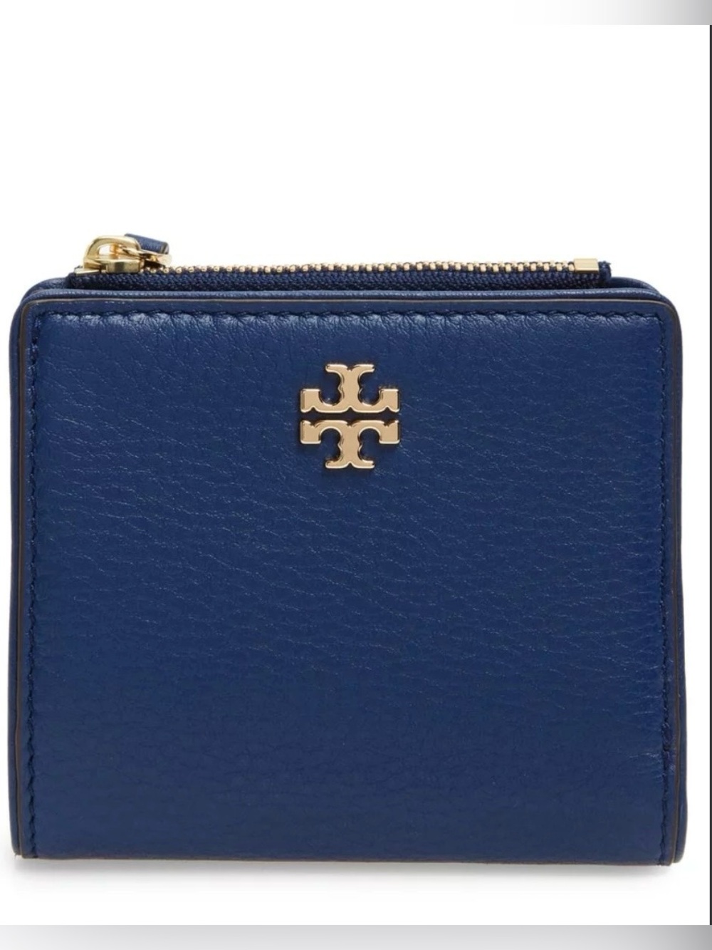 Tory Burch Blue Pebbled Leather Zip Wallet with Gold Logo
